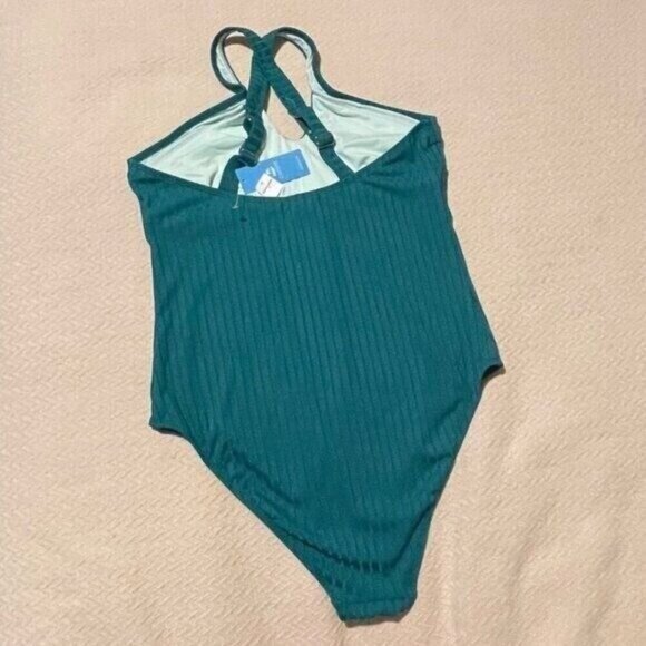 Cupshe Women One Piece Swimsuit Large Green Ribbed Keyhole High Neck Bathing Sui - Picture 4 of 9